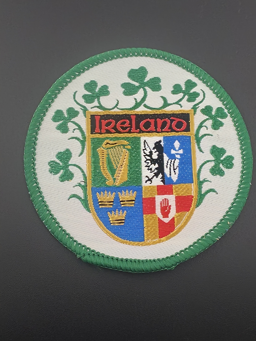 Estate Ireland Shield Shamrock Embroidered Patch - Green, White, Gold, Blue, Red